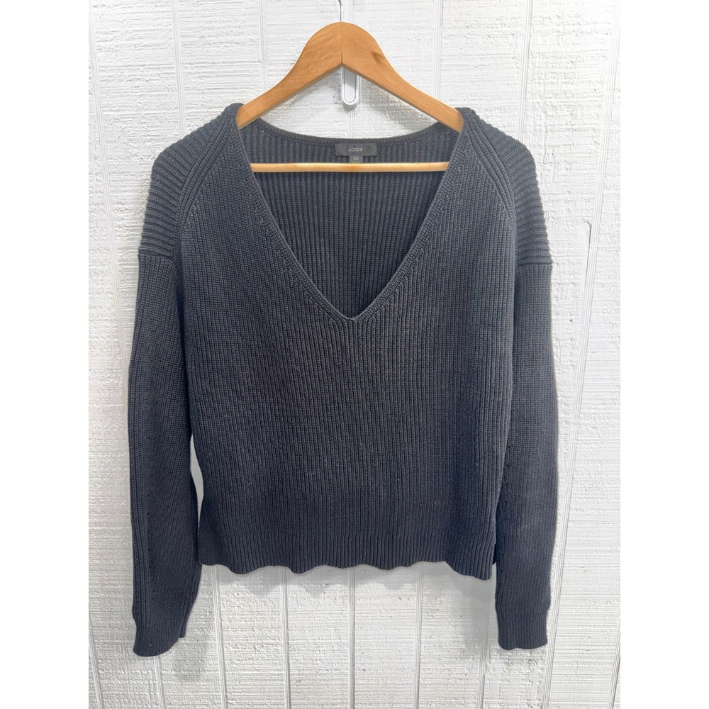 J.Crew V-Neck Sweater Women XS Charcoal Grey Ribbed Cotton Blend Knit Raglan